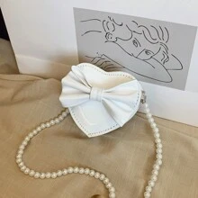 Holographic Pearl Strap Crossbody Bag With Bow & Heart Design, Girls Shoulder Bag