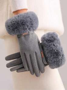 1 Pair Solid Color Elegant Casual Polyester Touchscreen Full Finger Gloves, Warm, Fashion, Suitable For Daily Wear, Cycling, Students, Plush Cuff, Women, Autumn/Winter