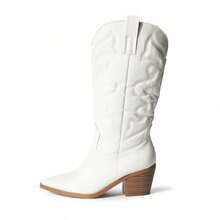 Women Western Cowboy Boots – Embroidered Mid-Calf Chunky Heel Cowgirl Boots With Side Zipper Stylish Comfortable Suede Fall/Winter Boots For Country Concert, Rodeo, Nashville Trip, Festival & Daily Wear [Size Up Half Size] - 白色PU - 查看 2