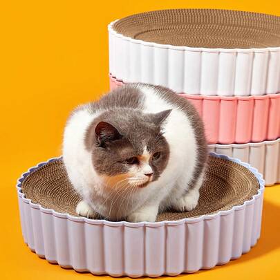 PETSIN 寵物用品貓躺墊,帶可更換墊子,圓形瓦楞紙抓板貓窩,貓咪玩具