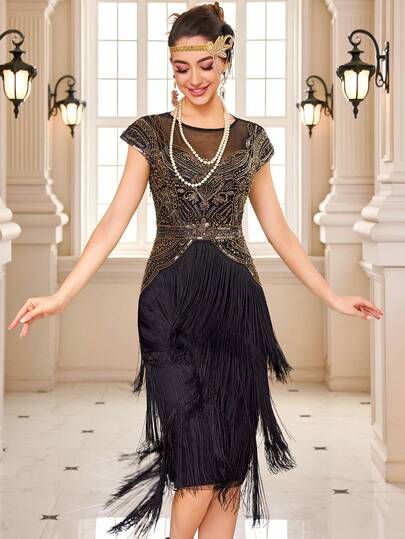 Vintage 1920s Flapper Glitter Sequins Stitching Multi-Layered Tassel Party Dress Cocktail Ball Dress Vacation