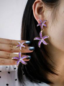 Fashionable Exaggerated Personalized Resort Style Starfish & Five-Petal Flower Women Earrings, Turquoise Five-Pointed Star Earrings Suitable For Resort Wear