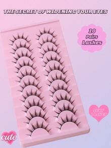 10对卡通风格自然猫眼假睫毛，交叉加厚貂毛假睫毛，动漫假睫毛，纤长美妆工具，派对旅行假睫毛，条状假睫毛，睫毛，假睫毛，假睫毛 - 黑色 - 查看 2