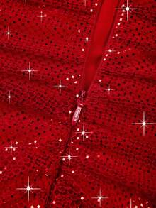 Astony One 精致亮片V领红色无肩带连衣裙，收腰设计，饰有流苏细节，优雅修身晚礼服，完美适用于圣诞节、新年、情人节派对、订婚晚宴和红毯活动。 - 紅色 - 查看 7