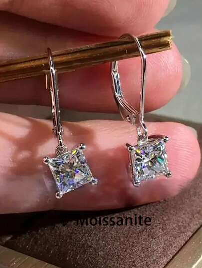 1 Pair Women's Quality Earrings, 2.2g S925 Sterling Silver Princess Cut Moissanite Drop Earrings Total 4 Carat, Elegant Palace Style Versatile Jewelry, Gift For Wedding, Valentine's Day, Anniversary With Moissanite Certificate & Deluxe Gift Box
