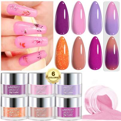 Set de 6 piezas x 0.5oz/14g de polvo en polvo con gran capacidad, 6 colores soñadores, de secado rápido al aire y de larga duración, para arte de uñas de verano, para uso en el hogar y salón, DIY de manicura con inmersión, regalo para mujeres y niñas en Halloween
