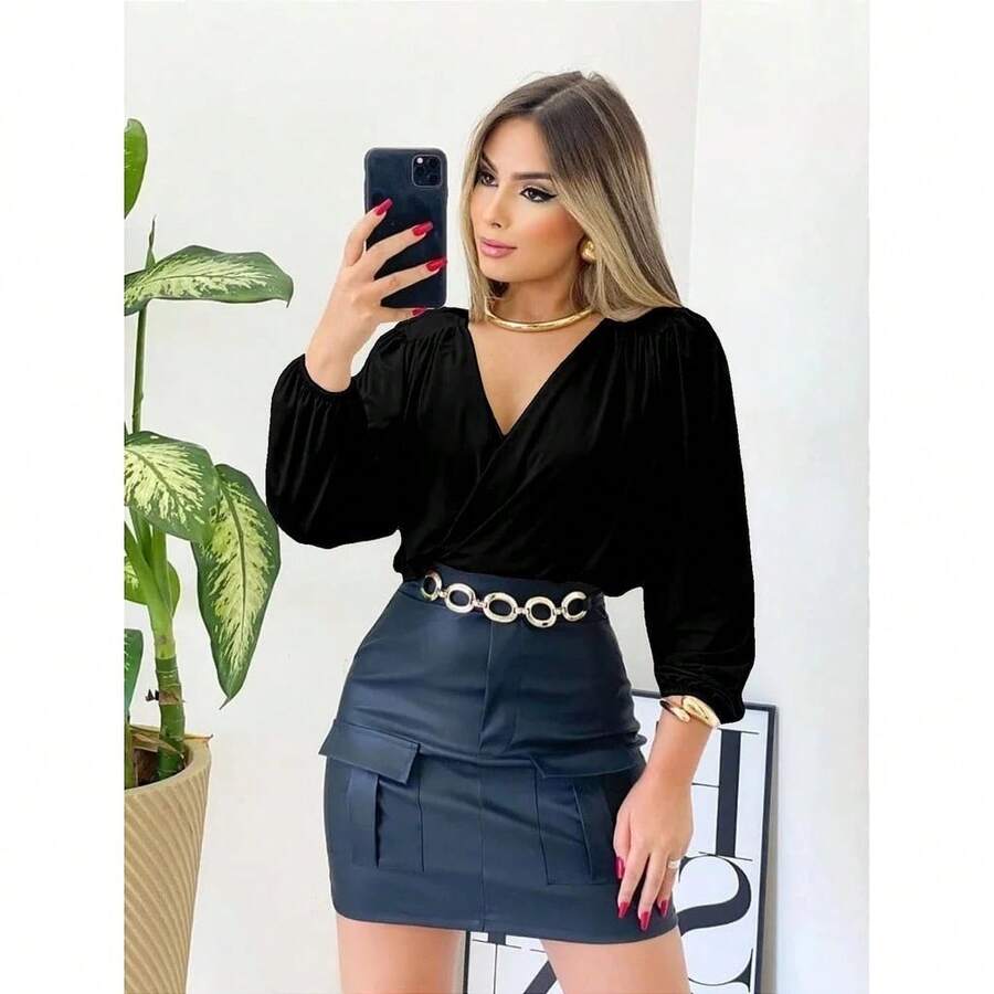 Women's Cropped Blouse Long Sleeve Suplex V-Neck Crossover For Winter Simple Casual Elegant - 黑色 - 查看 1