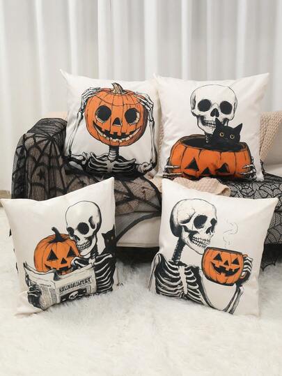 4Pcs Linen Halloween Pillow Covers,Pumpkin Ghost Skull Head Halloween Pillowcase Cushion Cover,Halloween Decoration,Halloween Party Supplies,Halloween Gift,Happy Halloween,Party Favors For Trick Or Treat,Home Decor,Holiday&Festive Decor