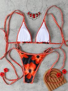 女士夏季花卉印花性感比基尼套装