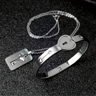 1 Set Couples Stainless Steel Matching Heart Lock Bracelet & Heart Shape Key Pendant Necklace Jewelry Set, Won't Fade