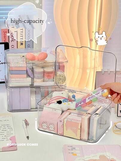 2个/1个桌面杂物收纳盒，简约透明防尘带盖盒，卧室置物架，办公文具小盒，校园宿舍文具收纳盒，多功能化妆品收纳盒，护肤品收纳盒，发饰收纳盒