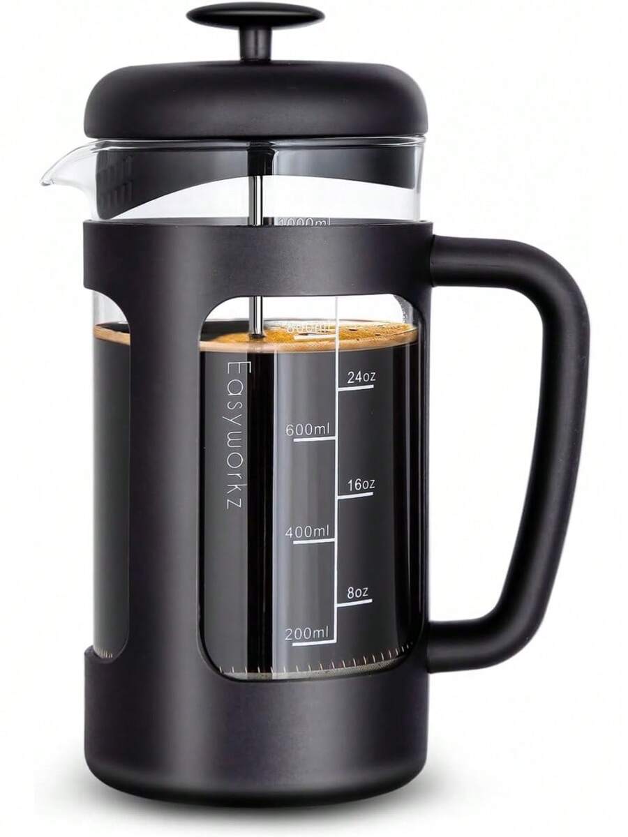 Easyworkz Cafetera de émbolo francés Easyworkz, tetera de vidrio borosilicato con filtro de 4 niveles y asa suave, apta para lavavajillas, ideal para amantes del café y el té, gran regalo para días festivos