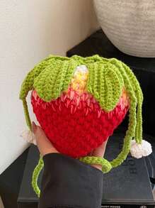 Handmade Crochet Strawberry Handbag, Small Unique Design Hollow Knitting Cross-Body Yarn Bag, Cute And Sweet Key Coin Purse