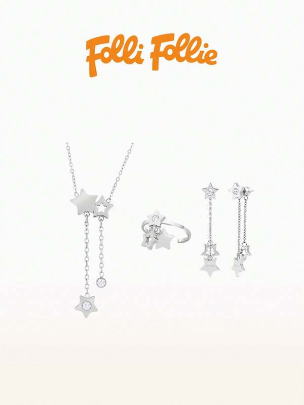 Folli Follie Women Lady's Necklace Earrings Finger Ring Bangle Set With Star Pendent Rose Gold Crystal Fashion Party Favors Jewelry Gifts