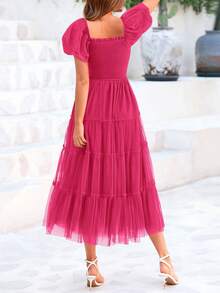 Women's  Summer Pleated Mid-Length Tulle Dress Puffy Short Sleeve Square Collar Ruffled Wedding Guest Graduation Party Dress - Màu Hồng Tươi - Xem 3