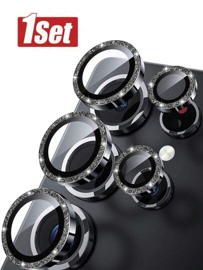 适用于三星 Galaxy S25 Ultra 的相机镜头保护壳套装 - 超薄外壳，9H 钢化玻璃，铝合金圆形相机屏幕保护膜，亮黑色，生日/家庭/朋友礼物，闪亮水晶，镜头保护膜，手机配件，防水防震防摔防刮防指纹全覆盖