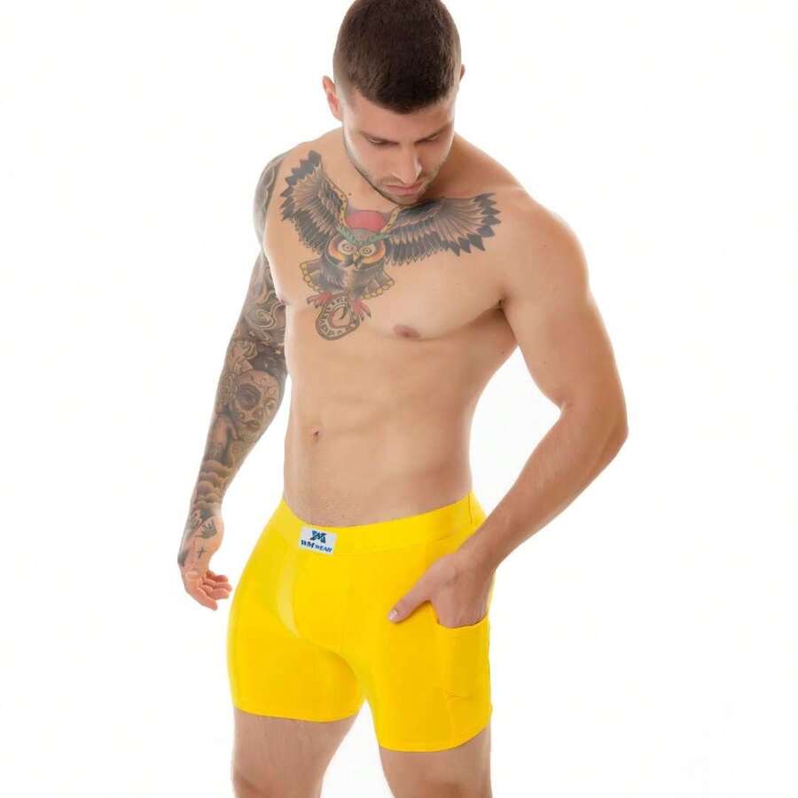 Men's Boxer Briefs With Side Pockets. Does Not Roll Up On The Legs And Is Highly Durable. - Yellow - View 1