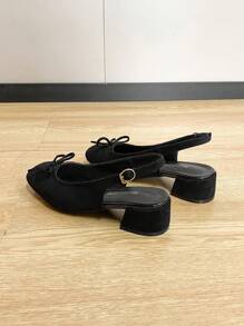 Square Toe Chunky Heels Women Shoes, Versatile Bow Decor Slip-On Flats, Fashionable Loafers, Black Open-Back High Heels. Women's High Heel Pumps, Run One Size Larger.