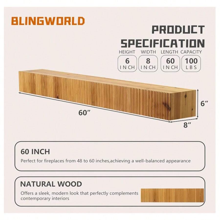 Blingworld Mantel Shelf, Rustic Fluted Wood Shades, Over The Fireplace, Handmade Floating Shelf For Living Room, Bedroom, Kitchen, Natural - 彩色 - 查看 1