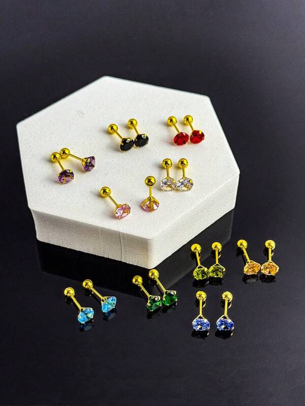 10 Pairs Minimalist Stainless Steel Colorful Cubic Zirconia Screw Cartilage Earrings, Suitable For Casual Daily Wear