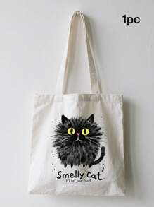 1pc Fashion "Smelly Cat" Printed Canvas Women's Handbag Shoulder Bag Tote Bag - Large Single Shoulder Handbag With Fixed Strap, Perfect For Shopping, Beach, Work, Travel, Fitness, Grocery And Outdoor Activities, Beach Tote Bag | Playful Printed Tote Bag | Sturdy Handle Handbag, Back To School Gift, Graduation Gift, Birthday Gift, Thanksgiving Gift, Teacher Gift, Christmas Gift, New Year Gift, First Choice Gift, Washable And Reusable