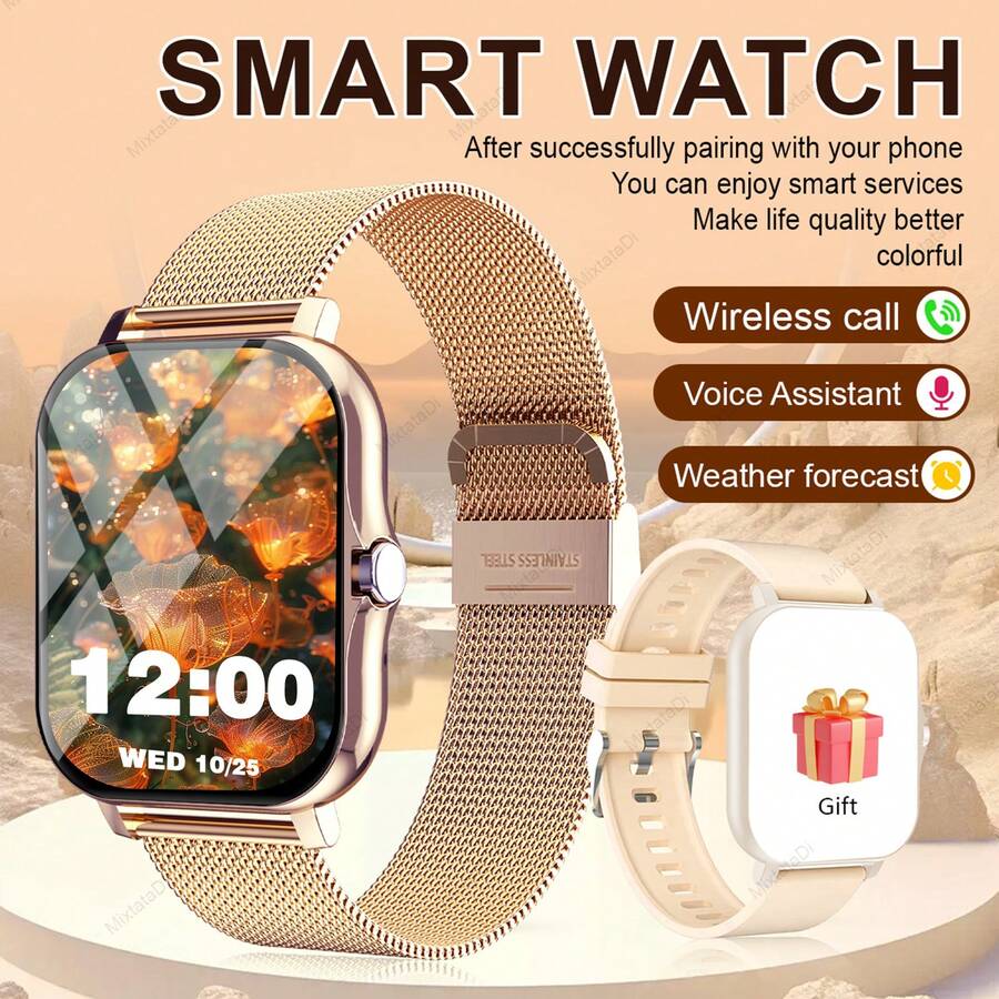 MixtataDi Smart Watch,Multifunctional Sports Smartwatch, Wireless Calls/Wireless Music, Message Notification,Customizable Watch Faces, Multiple Sports Modes, Compatible With Android,Unisexo - Dây đeo đôi bằng vàng - Xem 1