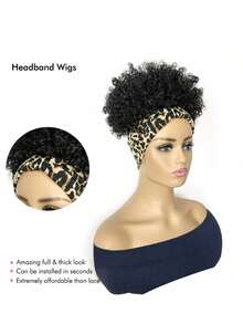 Curly Wigs  Headband Wig Half  Short Black Wig With Headband Attached Scarf Wigs With Stripe Turban Wrap Wig Short Kinky Deep Jerry Curly Hair Synthetic Wigs - 黑色 - 查看 2