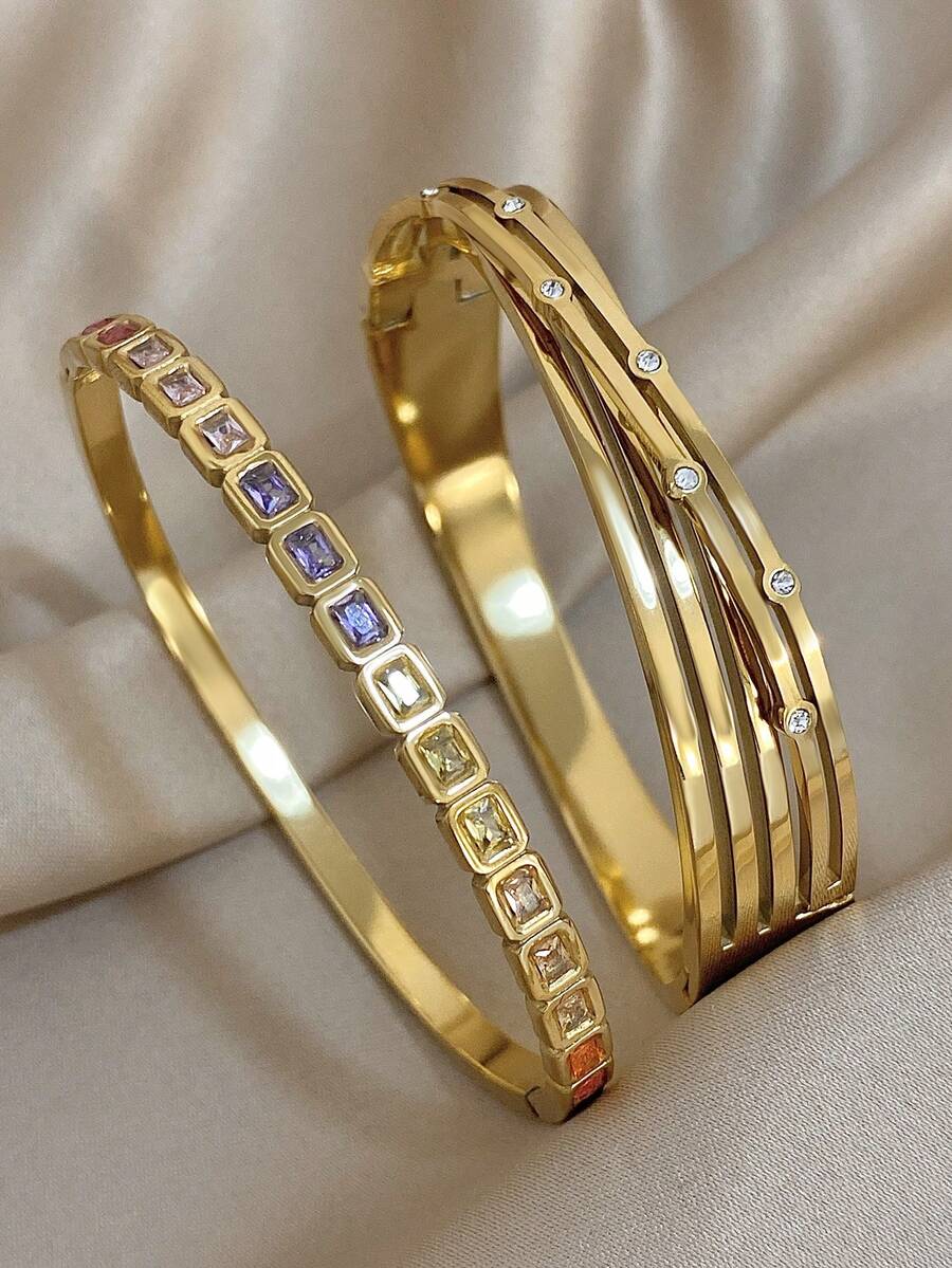 18K镀金不锈钢多宝石水晶手链套装,女士奢华彩色立方氧化锆和钻石切割手镯,可叠戴的现代珠宝,母亲节礼物,波西米亚风夏季海滩派对必备,日常派对旅行配饰,锐舞/晚宴珠宝,黄金珠宝,返校礼物 - 彩色 - 查看 1