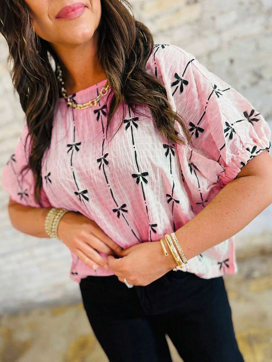 Acelitt 全新夏季浅粉色蝴蝶结印花泡泡袖休闲宽松衬衫