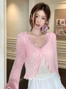 女士蓝色蕾丝边 V 领罩衫，可爱返校夏季披肩轻便外套 - 粉色 - 查看 5