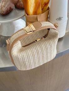 夏季草编手提包，休闲女士托特包，单肩斜挎包，沙滩必备单品，时尚夏季度假包，女士沙滩必备 - 米色 - 查看 3