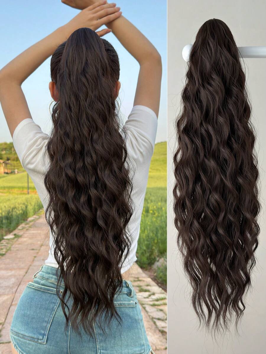 26-Inch Natural Wave Heat-Resistant Synthetic Ponytail Hair Extensions, Black & Brown Claw Clip-In, Suitable For Women's Daily Use
