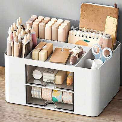 1 hộp đựng đồ để bàn có ngăn đựng bút chì và 2 ngăn kéo, hộp đựng đồ để bàn đựng đồ dùng văn phòng, đồ trang điểm, thích hợp cho văn phòng, gia đình, trường học