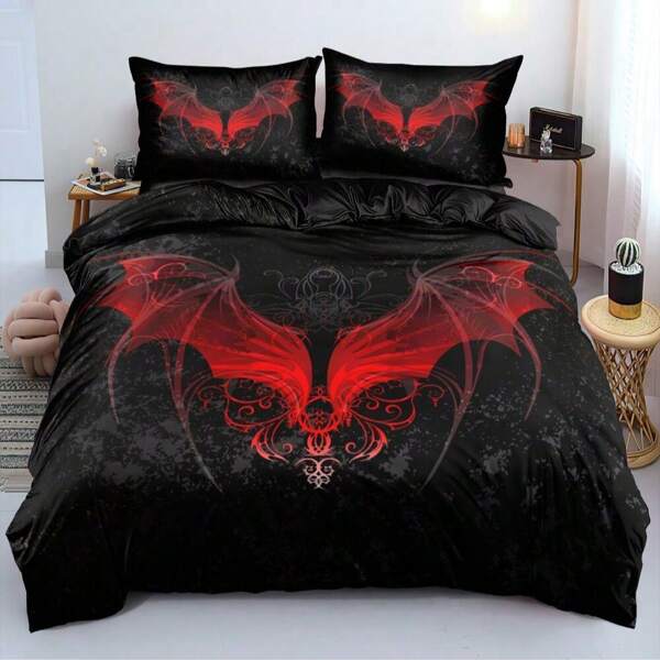 2/3 Peças Jogo de Cama com Estampa de Caveira e Fronhas em Bottom Preto e Asa Vermelha, Decoração de Quarto para Meninas e Meninos (Tamanho 135x200 Apenas 1 Fronha)