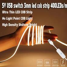 1/2/3/4/5Meters 5V 3mm PCB Width 400LEDs/M LED COB Strip With Switch USB High Brightness LED Light Bedroom Flexible Self-Adhesive Strip Light Warm White 3000k, Cold White 6000k For Indoor