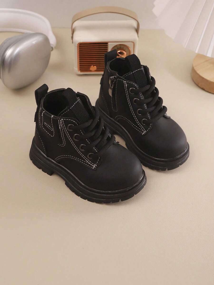 儿童靴子秋冬新款系带拉链款时尚大方轻便户外登山靴 - 黑色 - 查看 1