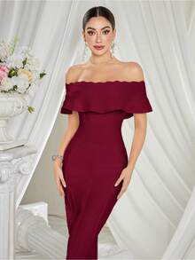 Off Shoulder Women Bandage Dress Wedding Guest Dresses Evening Formal Gown Clubwear Dress - Màu Đỏ Sâu - Xem 6