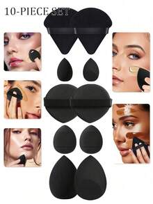 50/40/30/20/10/5件套化妆套装，包含：10个液体美妆蛋+10个迷你液体美妆蛋+10个三角散粉扑（适用于散粉和底妆）+10个气垫粉扑（适用于面部彩妆）+10个迷你气垫粉扑（适用于遮瑕膏和粉底霜）。混合美妆蛋，化妆品，价格实惠，梳妆台，卧室，化妆配件，粉扑，美妆蛋，粉扑，化妆海绵，价格实惠，圣诞礼物，化妆品，化妆工具，便宜好物，礼物，女士礼物，圣诞礼物 - 黑色 - 查看 10