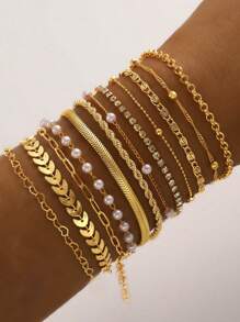 Conjunto de 12 piezas/6 piezas de pulseras superpuestas con diseño de corazón hueco de perlas falsas elegantes, joyería de moda para niñas, apropiado para uso diario en verano
