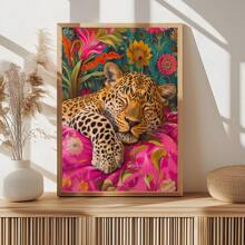 1pc, Canvas Hanging Picture, Framed, Vibrant Lion And Leopard Canvas Poster, Modern Art Wall Decor With Floral And Animal Patterns For Living Room, Bedroom, Bathroom, Home Office - Stylish Interior Home Decor, Room Decor