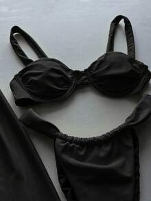 Bikinx 3 Stücke Set Damen Babypudergelb Hibiskus Bademode für Sommertage vom Poolbereich bis zum Strand, elegante Basisunterwäsche Bikini mit Blumen Dekor, Sarong Strandmode