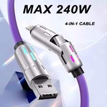 4-In-1 Multifunctional 240W Super-Fast Charging USB A/Type-C/Lightning Cable, Liquid Silicone Aluminum Alloy LED Illumination, High-Efficiency Data Transfer, Compatible With IPhone 16/15/14/13/12/11/Xs/Xr/8/7/6, S24 Ultra/S24/S23 Ultra/S23/S22/S21, Compatible With IPhone 16, 16 Pro Max, 15, 15 Plus, 15 Pro, 15 Pro Max,Compatible With Redmi, Compatible With OnePlus Type C, Charger
