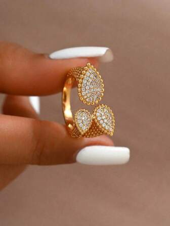 1 件复古奢华小众设计高端泪珠水滴链开口戒指，派对旅行配件礼物