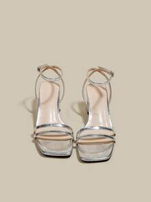 Women's Silver High Heel Sandals, Cross Straps Open Toe Lace-Up Chunky Heels, Summer Shoes - Silver - View 2