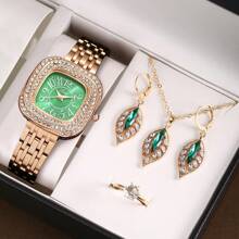 Relógio feminino em ouro rosa, material de liga, mostrador verde, com decoração de folha verde