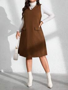 Plus Size Women Diamond Dzianinowa Sukienka Bez Rękawów Casualowa Z Fałszywymi Kieszeniami, Odpowiednia Na Wiosnę, Wczesną Jesień, Jesień/Zimę