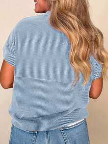 CILKOO Summer Casual Solid Color Striped Print Knit Texture Striped Round Neck Drop Shoulder T-Shirt - Blue - View 4