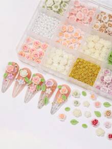 12格浮雕玫瑰花珍珠美甲饰品，混合树脂玫瑰、珍珠和绿叶，适用于女孩和女士美甲DIY工艺品配件，美甲饰品，美甲用品 - 彩色 - 查看 5