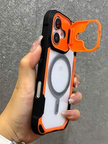 奢华磨砂镜头支架磁吸无线充电手机壳适用于 16 15 14 13 12 Pro Max 11 16Plus 防震保护壳 防水防摔防刮 - 黑橙+短繩 - 查看 2