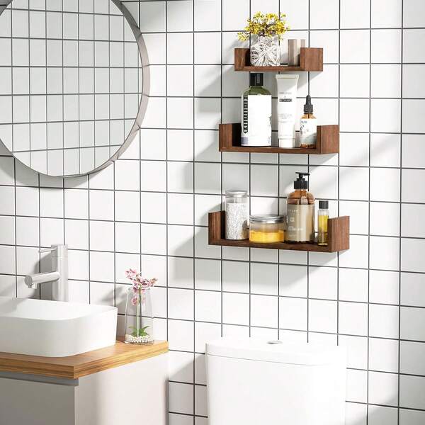 3 piezas de estantes flotantes montados en la pared, juego de 3 estantes de pared de madera maciza, color marrón oscuro, aptos para dormitorio, cocina y sala de estar